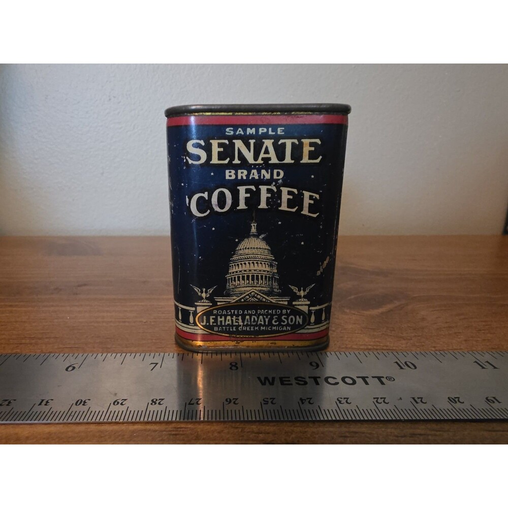 Antique Senate Brand Coffee Sample Tin J.F. Halladay Battle Creek MI Coin Bank
